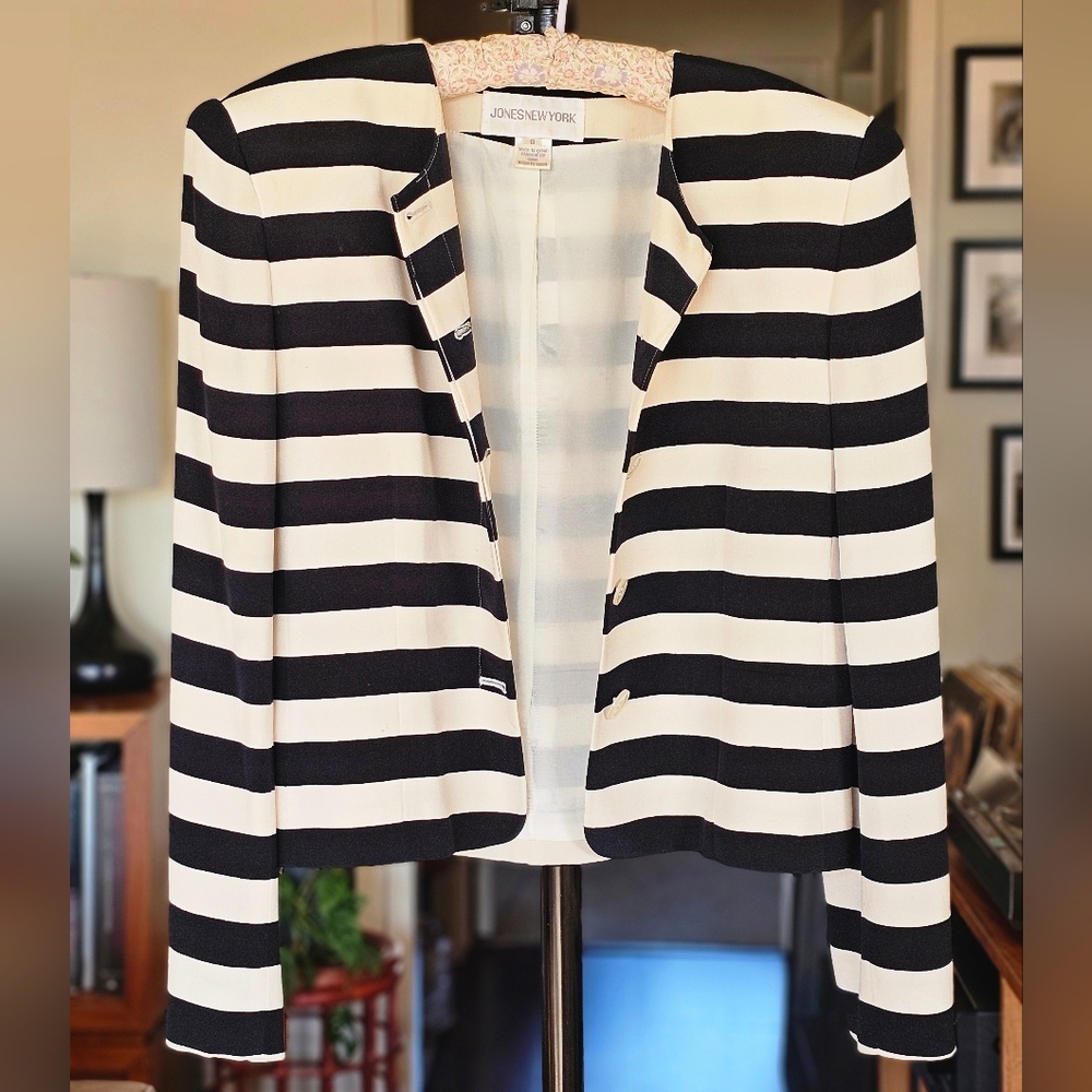 Vintage 90s Black and White Striped Silk Cropped Blazer Jacket